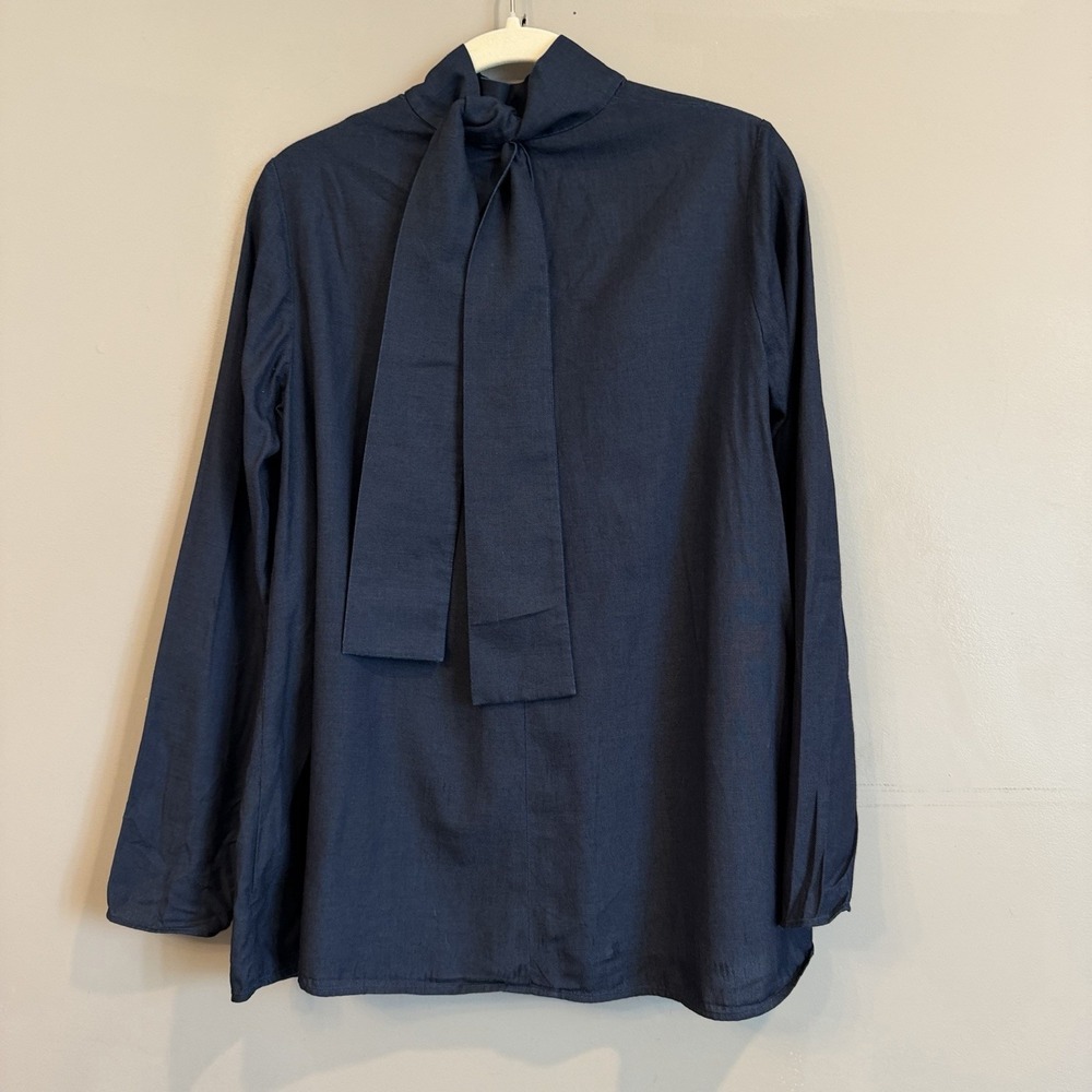 COS Dark Denim Tie-Neck Blouse, size US4